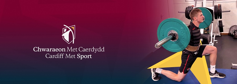 Cardiff Met Sport Display Banner with logo and student exercising in the gym